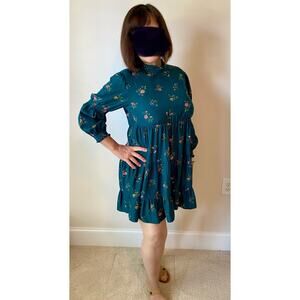 Zara Floral Print Mini Dress Women's Size M Green Long Sleeve Keyhole Neck